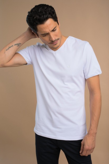 Tee-shirt stretch blanc col V TAHYS
